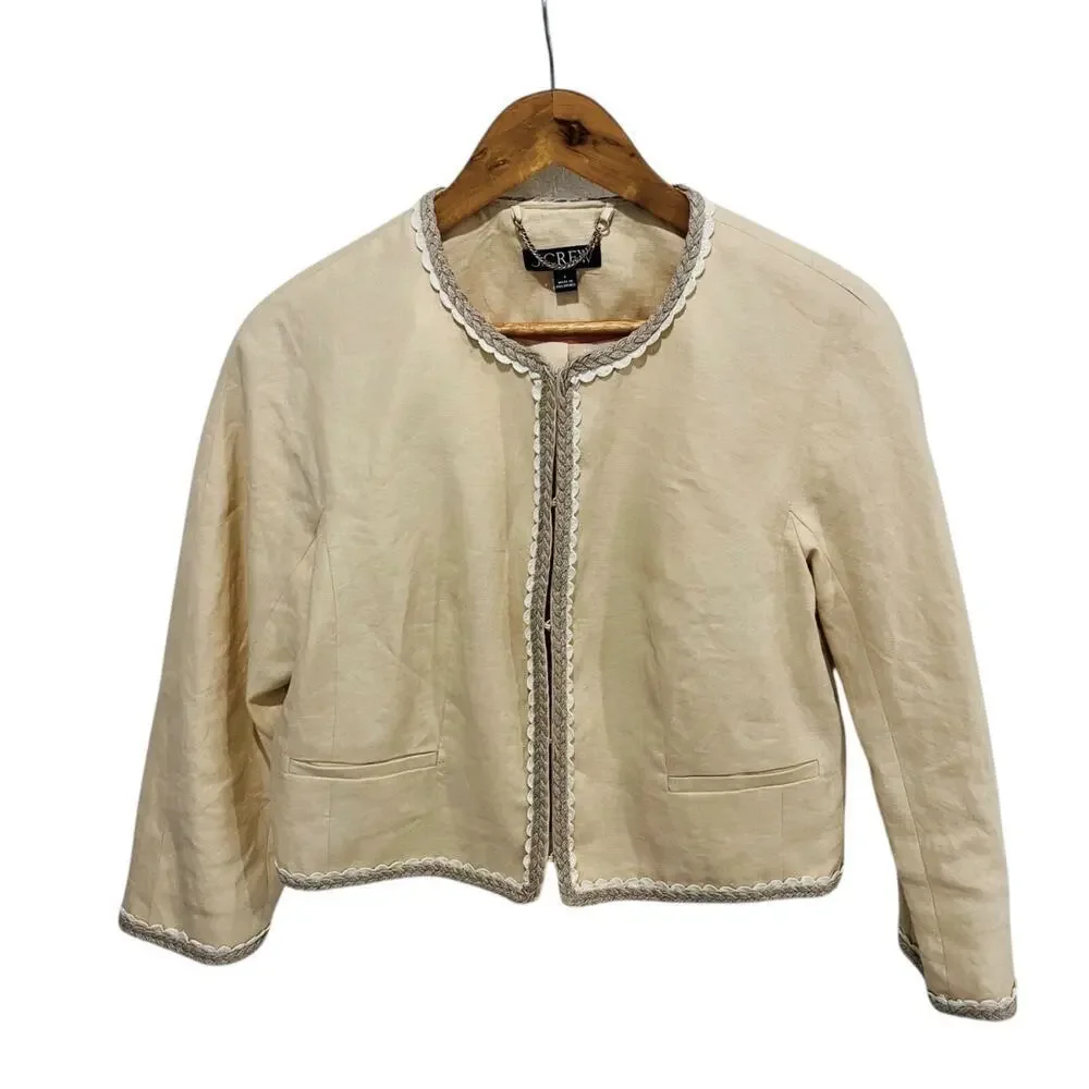 J. Crew Cropped Woven Linen Lady Jacket in Buff Clay Women's 4 Collarless